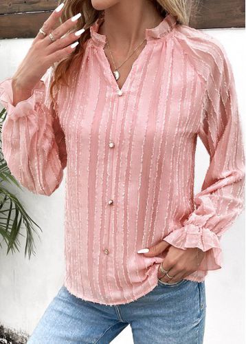 Light Pink Button Striped Long Sleeve V Neck Blouse - unsigned - Modalova