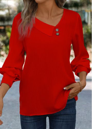 Red Button Long Sleeve Asymmetrical Neck Blouse - unsigned - Modalova