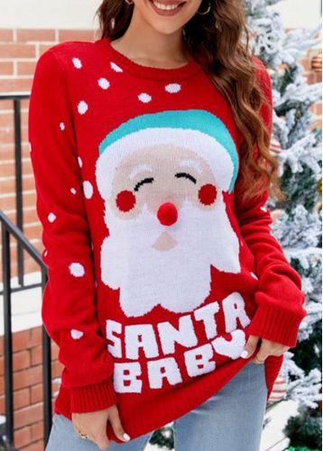 Red Santa Claus Print Christmas Round Neck Sweater - unsigned - Modalova