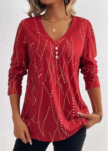 Wine Red Button Geometric Print Long Sleeve T Shirt - unsigned - Modalova