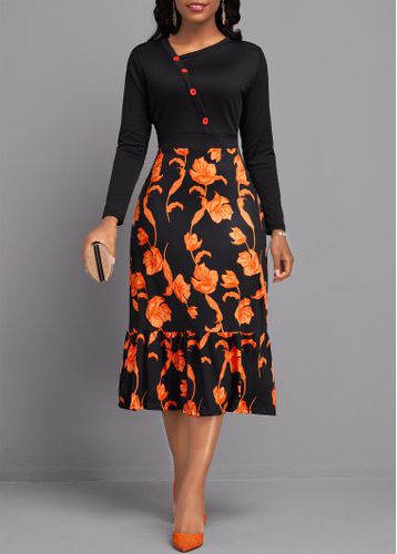 Black Button Floral Print Long Sleeve Asymmetrical Neck Dress - unsigned - Modalova