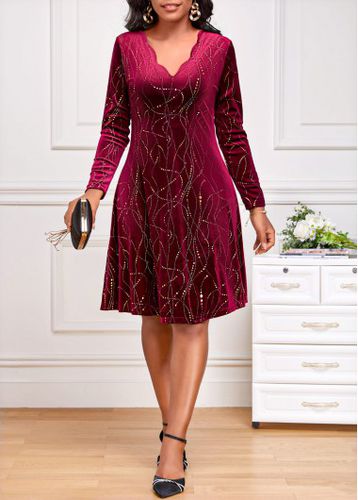 Wine Red Velvet Geometric Print Long Sleeve Dress - unsigned - Modalova