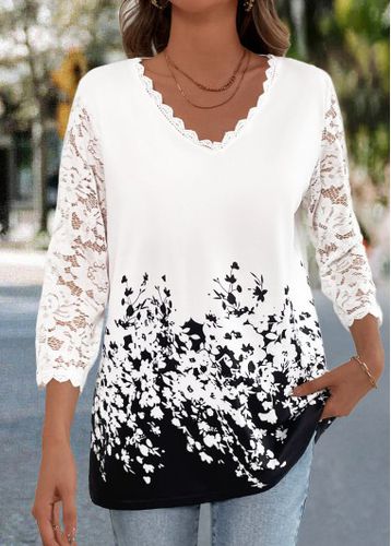 White Lace Floral Print V Neck T Shirt - unsigned - Modalova