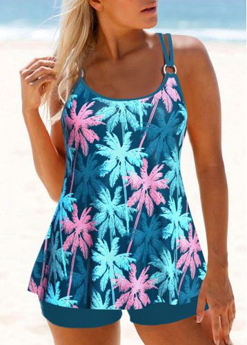 Circular Ring Mid Waisted Tropical Plants Print Tankini Set - unsigned - Modalova