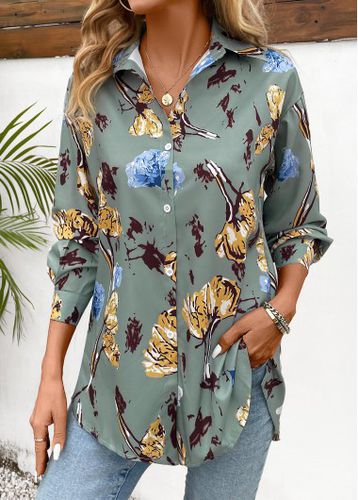 Sage Green Button Random Floral Print Blouse - unsigned - Modalova