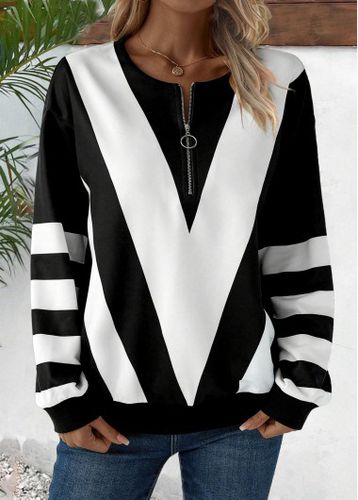 Black Zipper Striped Long Sleeve Round Neck Sweatshirt - unsigned - Modalova