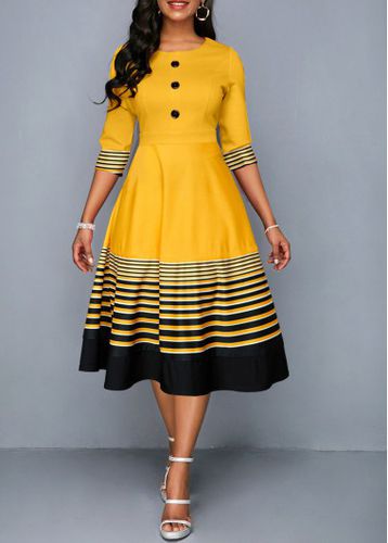 Yellow Patchwork Striped Half Sleeve Round Neck Dress - unsigned - Modalova