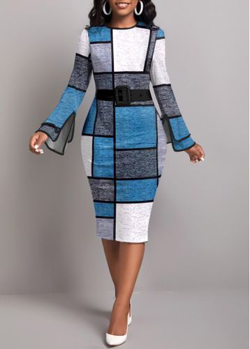 Blue Layered Geometric Print Long Sleeve Dress - unsigned - Modalova
