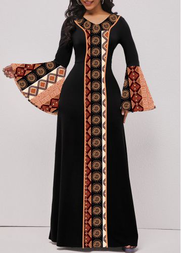 Black Patchwork Tribal Print Long Sleeve Maxi Dress - unsigned - Modalova