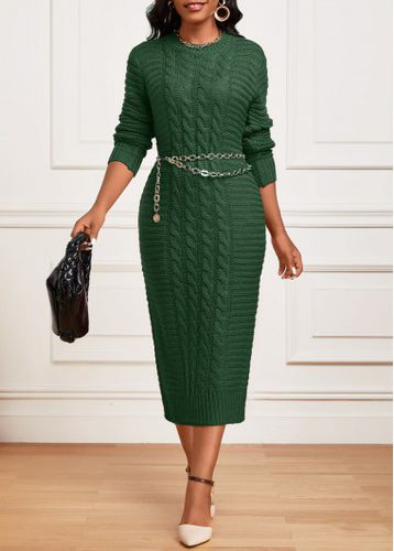 Green Twisted Long Sleeve Round Neck Dress - unsigned - Modalova