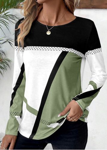 Avocado Green Patchwork Geometric Print Long Sleeve T Shirt - unsigned - Modalova