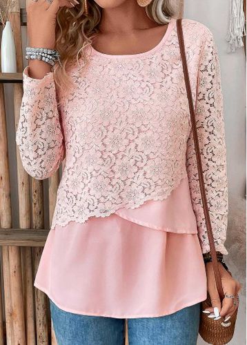 Light Pink Lace Long Sleeve Round Neck Blouse - unsigned - Modalova