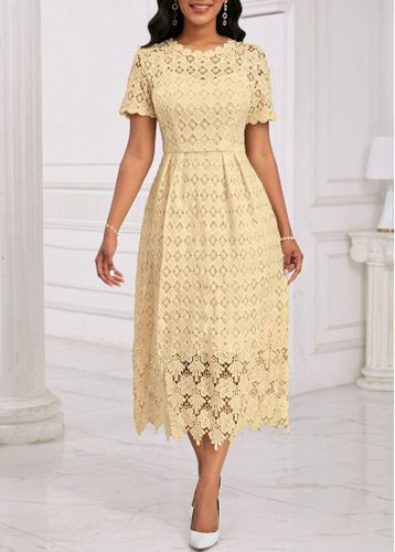 Light Yellow Embroidery Short Sleeve Round Neck Dress - unsigned - Modalova