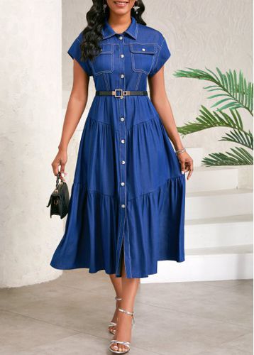 Denim Blue Ruched Short Sleeve Shirt Collar Dress - unsigned - Modalova