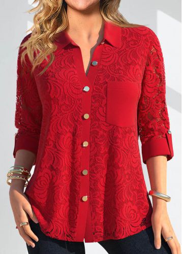 Red Lace Long Sleeve Shirt Collar Blouse - unsigned - Modalova
