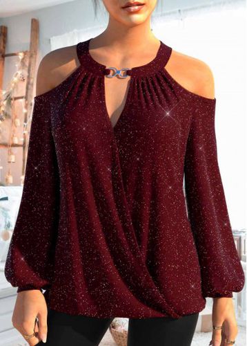 Wine Red Cut Out Long Sleeve T Shirt - unsigned - Modalova
