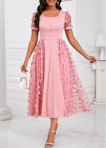 Pink Burn Out Printing Short Sleeve Square Neck Dress - unsigned - Modalova