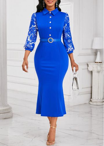 Royal Blue Button Graffiti Print 3/4 Sleeve Bodycon Dress - unsigned - Modalova