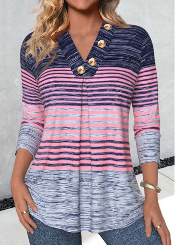 Multi Color Button Striped Long Sleeve T Shirt - unsigned - Modalova