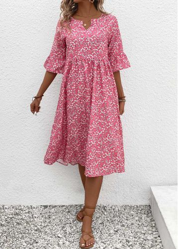 Pink Ruched Ditsy Floral Print 3/4 Sleeve Dress - unsigned - Modalova