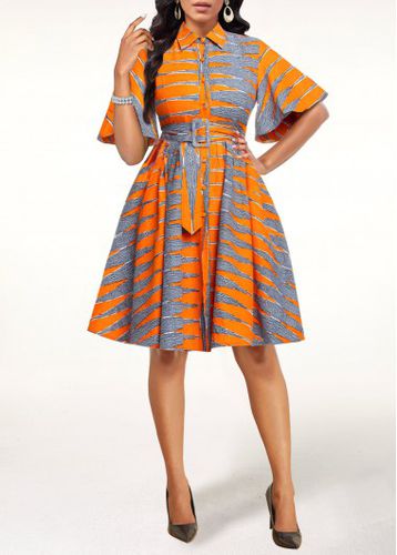 Orange Button Tribal Print Belted Short Sleeve Dress - unsigned - Modalova