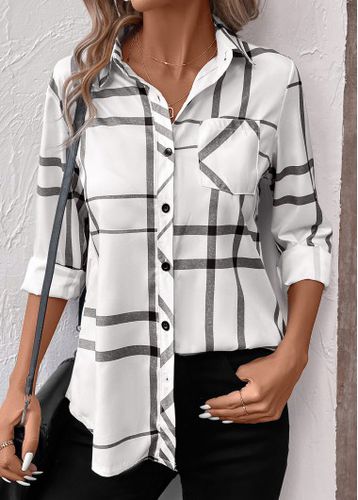 White Pocket Geometric Print Long Sleeve Shirt Collar Blouse - unsigned - Modalova