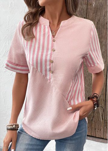 Pink Patchwork Striped Short Sleeve Split Neck Blouse - unsigned - Modalova