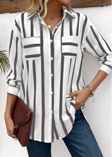 Light Coffee Pocket Striped Long Sleeve Shirt Collar Blouse - unsigned - Modalova