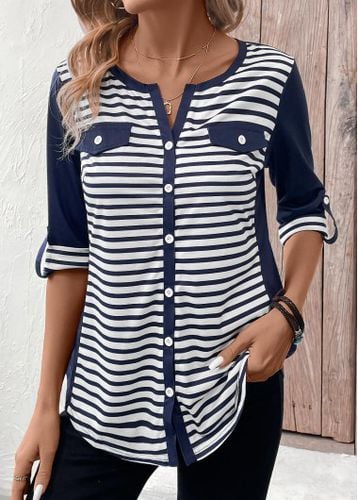 Navy Button Striped 3/4 Sleeve Split Neck T Shirt - unsigned - Modalova