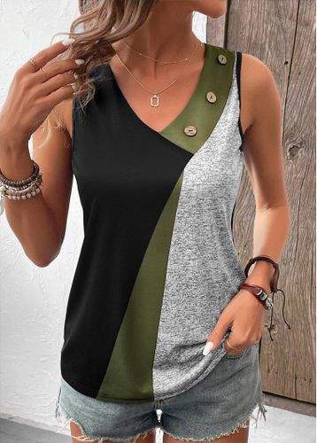 Black Button Geometric Print Sleeveless V Neck Tank Top - unsigned - Modalova