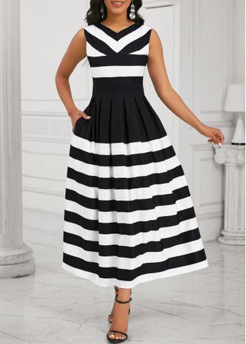 Black Pocket Striped Sleeveless V Neck Maxi Dress - unsigned - Modalova