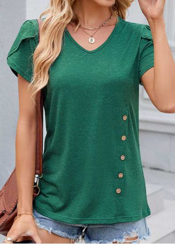Olive Green Button Short Sleeve V Neck T Shirt - unsigned - Modalova