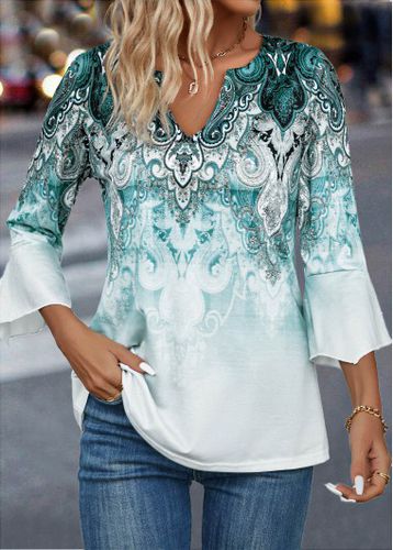 Turquoise Split Ombre 3/4 Sleeve T Shirt - unsigned - Modalova