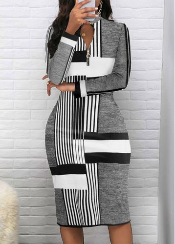 Light Grey Marl Patchwork Striped Stand Collar Dress - unsigned - Modalova