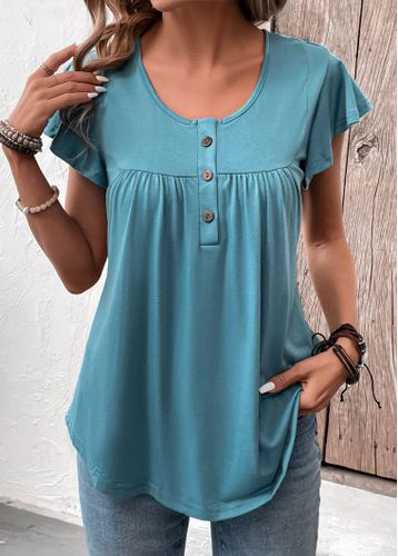 Turquoise Button Short Sleeve Scoop Neck T Shirt - unsigned - Modalova