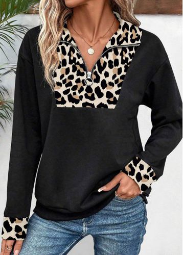 Black Patchwork Leopard Long Sleeve Turn Down Collar Sweatshirt - unsigned - Modalova