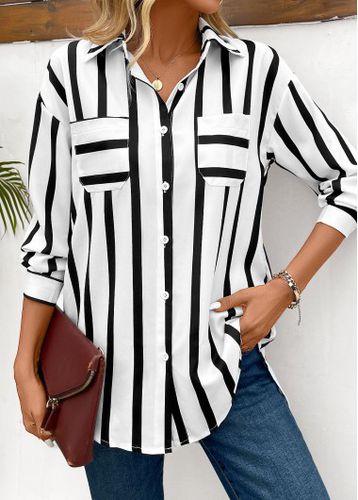 Black Pocket Striped Long Sleeve Shirt Collar Blouse - unsigned - Modalova