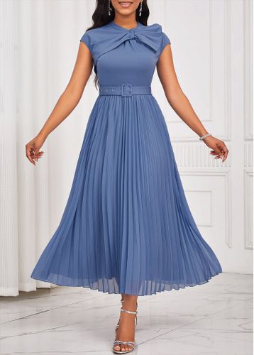 Dusty Blue Pleated Belted Short Sleeve Asymmetrical Neck Dress - unsigned - Modalova