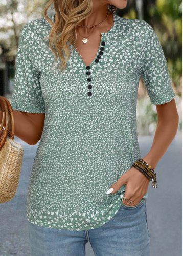 Sage Green Button Ditsy Floral Print T Shirt - unsigned - Modalova