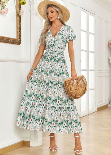 Green Smocked Floral Print Short Sleeve Maxi Dress - unsigned - Modalova