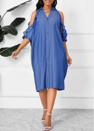 Denim Blue Button O Shape 3/4 Sleeve Dress - unsigned - Modalova