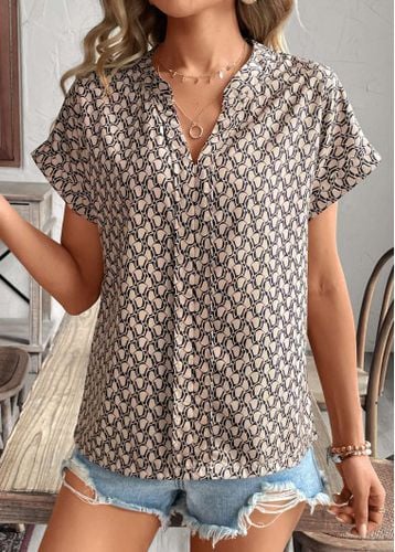 Light Coffee Split Geometric Print Short Sleeve Shirt - unsigned - Modalova