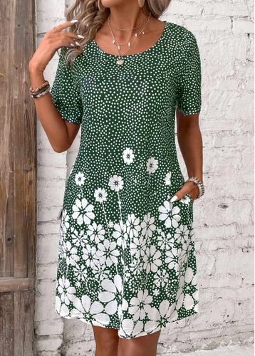 Green Pocket Floral Print Short Round Neck Dress - unsigned - Modalova