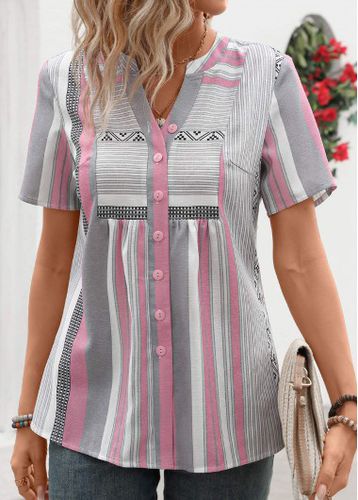 Pink Patchwork Striped Short Sleeve Split Neck Shirt - unsigned - Modalova