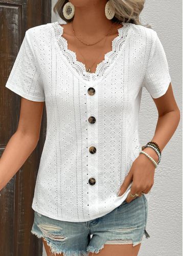 White Button Short Sleeve V Neck T Shirt - unsigned - Modalova