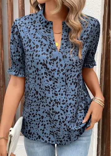 Dusty Blue Smocked Leopard Short Sleeve Split Neck Blouse - unsigned - Modalova