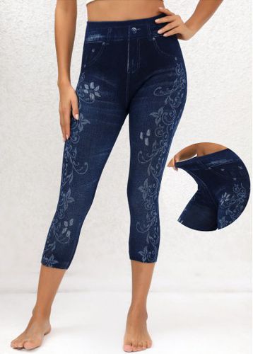 Denim Blue Floral Print High Waisted Capri Leggings - unsigned - Modalova