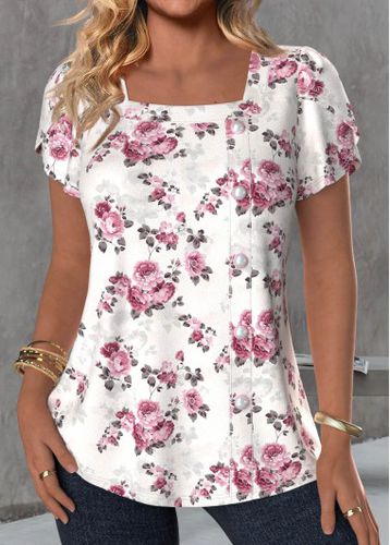 White Button Floral Print Short Sleeve T Shirt - unsigned - Modalova