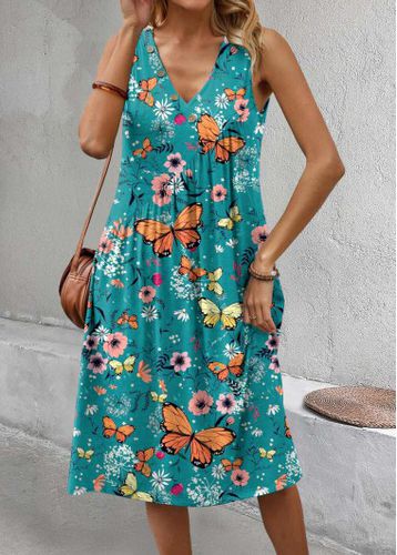 Turquoise Asymmetry Floral Print A Line Sleeveless Dress - unsigned - Modalova