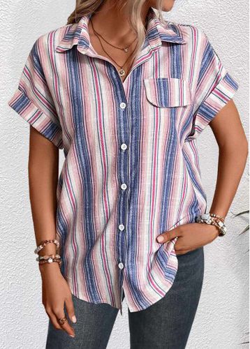 Multi Color Button Striped Short Sleeve Shirt Collar Blouse - unsigned - Modalova
